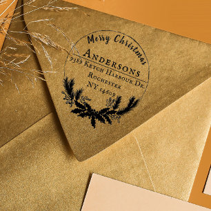 Rustic Merry Christmas Wreath Return Address Rubber Stamp