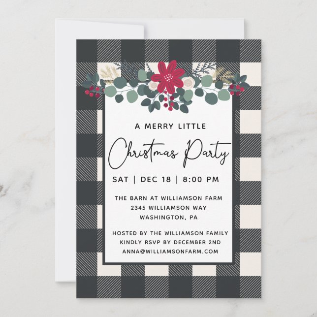 Rustic Merry Little Christmas Party Floral Plaid  Invitation (Front)