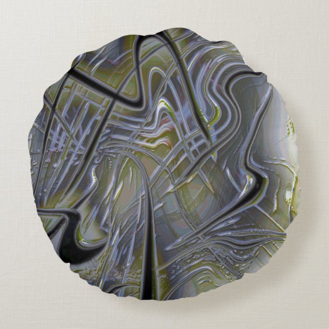 Rustic messy traces on a soft yellowish green grey round pillow (Back)