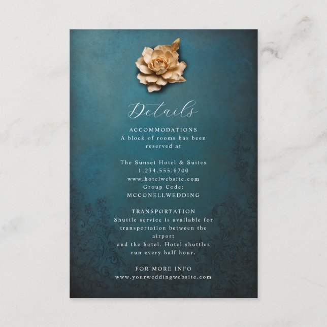 Rustic metallic flower wedding details card (Front)