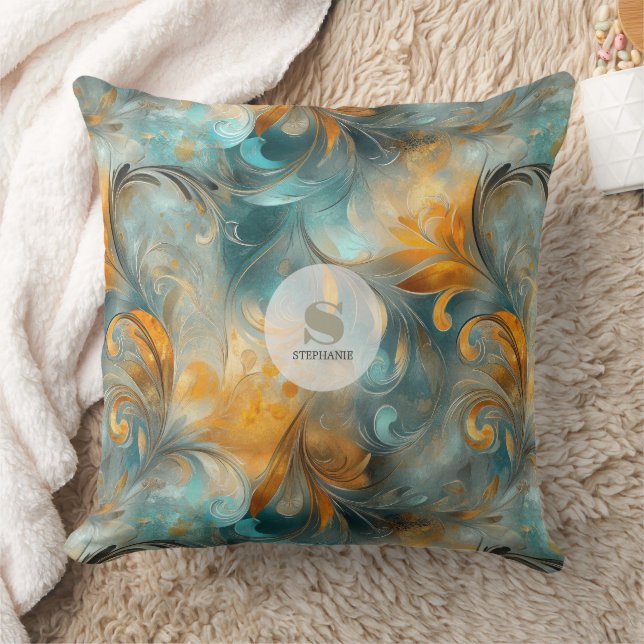Rustic Metallic Paisley Abstract -Vintage-Inspired Throw Pillow (Blanket)