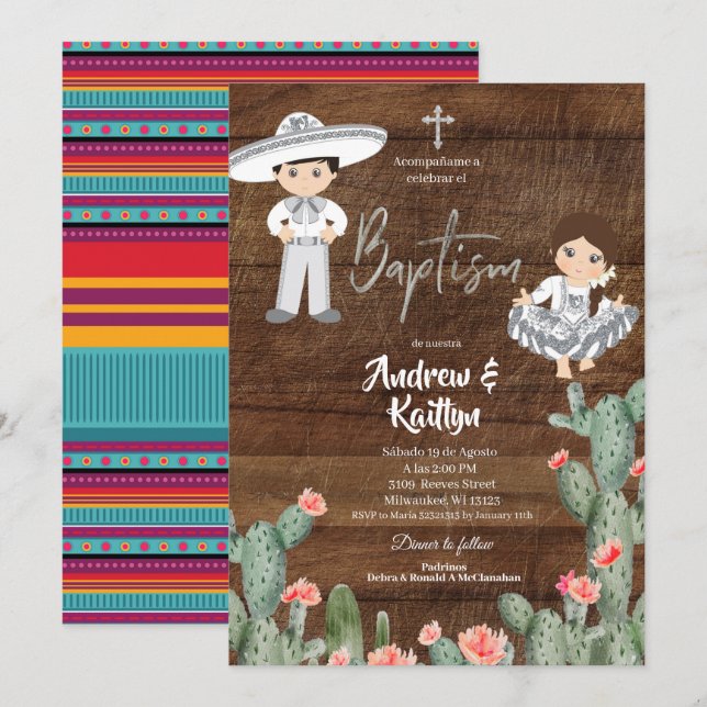 Rustic Mexican Silver Charro Boy Girl Twin Baptism Invitation (Front/Back)