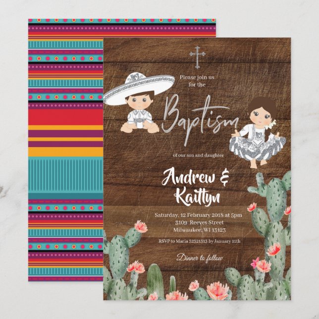Rustic Mexican Silver Charro Twin Baptism Boy Girl Invitation (Front/Back)