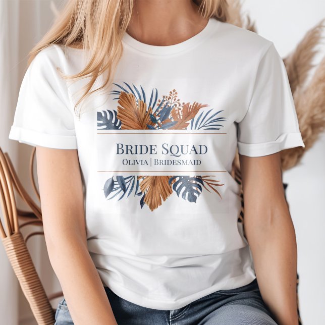 Rustic Midnight Blue Monstera Bride Squad T-Shirt (Rustic Midnight Blue Monstera Bride Squad T-Shirt on a young woman.)