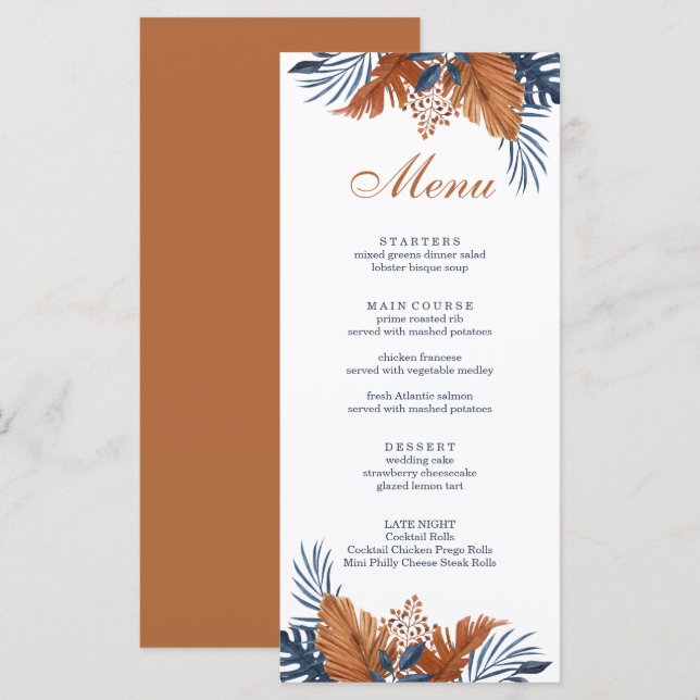 Rustic Midnight Blue Monstera Menu Card (Front/Back)