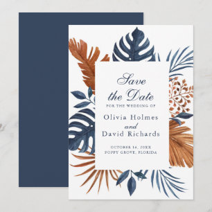 Rustic Midnight Blue Monstera Save the Date Card
