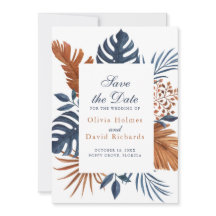  Rustic Midnight Blue Monstera Save the Date Card
