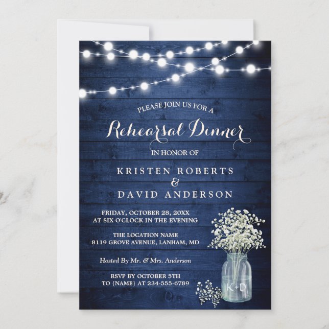 Rustic Midnight Night Blue Lights Rehearsal Dinner Invitation (Front)