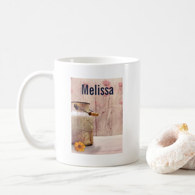 Rustic Milk Can Country Style on Wood Coffee Mug (With Donut)
