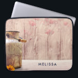 Rustic Milk Can Country Style on Wood Laptop Sleeve<br><div class="desc">Personalized laptop sleeve with a rustic country design. An old rusting milk can with a pretty orange flower. Wheat and faded red poppies in the background set against a faint wood panel. Wood is just an image,  not real.</div>