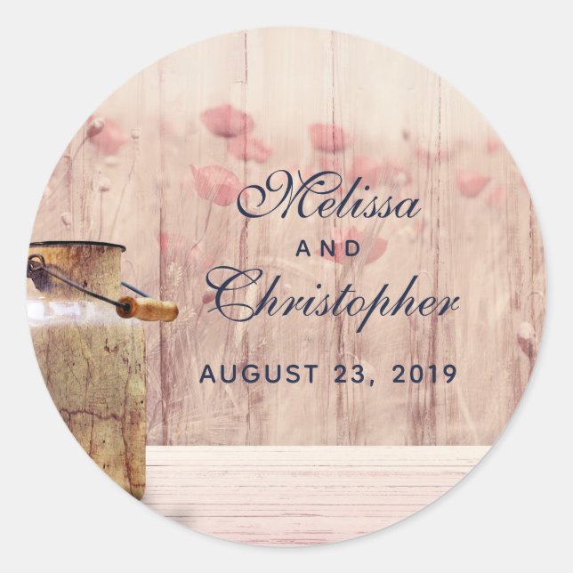 Rustic Milk Can with Wheat and Flowers Wedding Classic Round Sticker (Front)