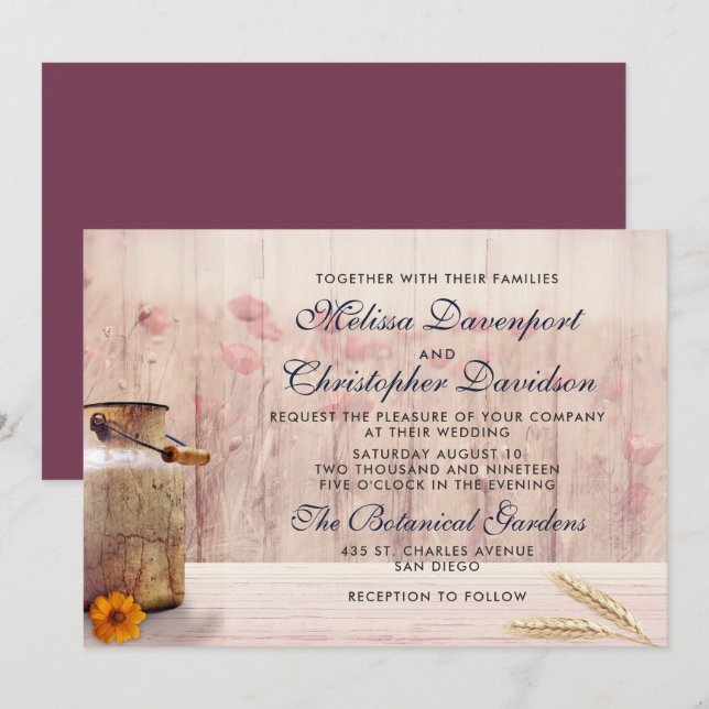 Rustic Milk Can with Wheat and Flowers Wedding Invitation (Front/Back)