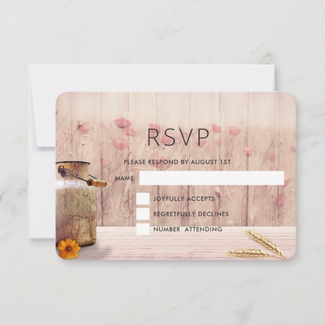 Rustic Milk Can with Wheat and Flowers Wedding RSVP Card (Front)