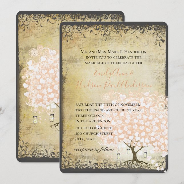 Rustic Millennial Pink Heart Leaf  Tree Wedding Invitation (Front/Back)