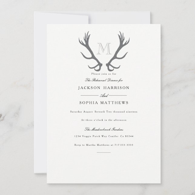 Rustic Minimal Antler & Initial Wedding Invite (Front)