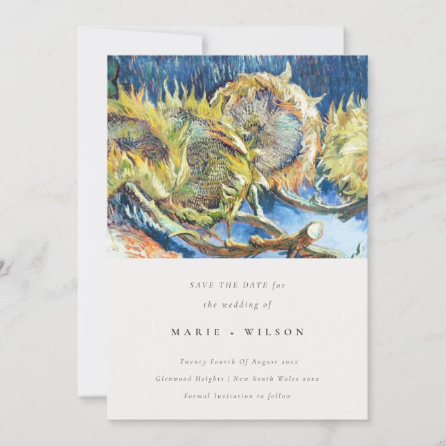Rustic Minimal Blue Yellow Sunflower Save the Date Invitation (Front)