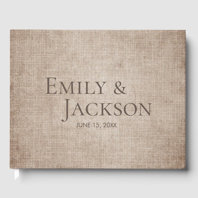 Rustic Minimal Brown Burlap Linen Wedding Guest Book (Front)