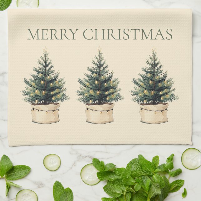 Rustic Minimal Christmas Tree Holiday Kitchen Towel (Folded)