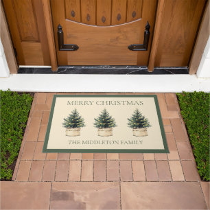 Rustic Minimal Christmas Tree Holiday Personalized Doormat