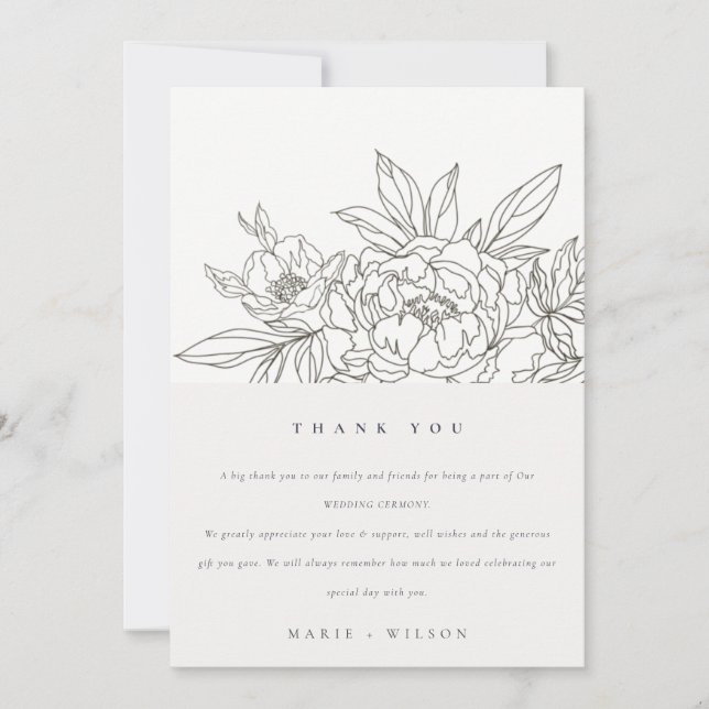 Rustic Minimal Elegant Brown Floral Sketch Wedding Thank You Card (Front)