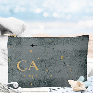 Rustic Minimal Monogram Airplane Black Gold Travel Accessory Pouch