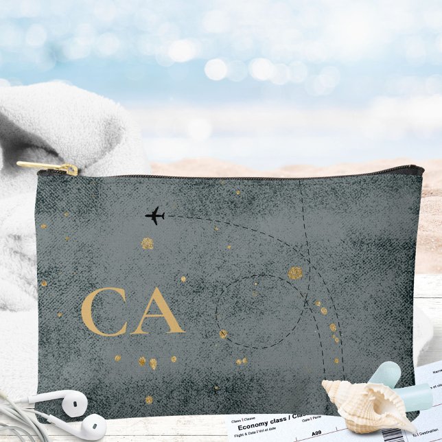 Rustic Minimal Monogram Airplane Black Gold Travel Accessory Pouch (Minimalist Monogram Plane Dark Gray Gold Travel Accessory Pouch ©Susanne Sachers - Sunny Wanderlust )