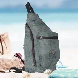 Rustic Minimal Monogram Airplane Black Gold Travel Sling Bag