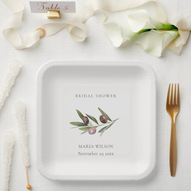 Rustic Minimal Olive Branch Foliage Bridal Shower Paper Plate (Wedding)