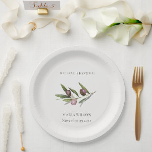 Rustic Minimal Olive Branch Foliage Bridal Shower Paper Plate