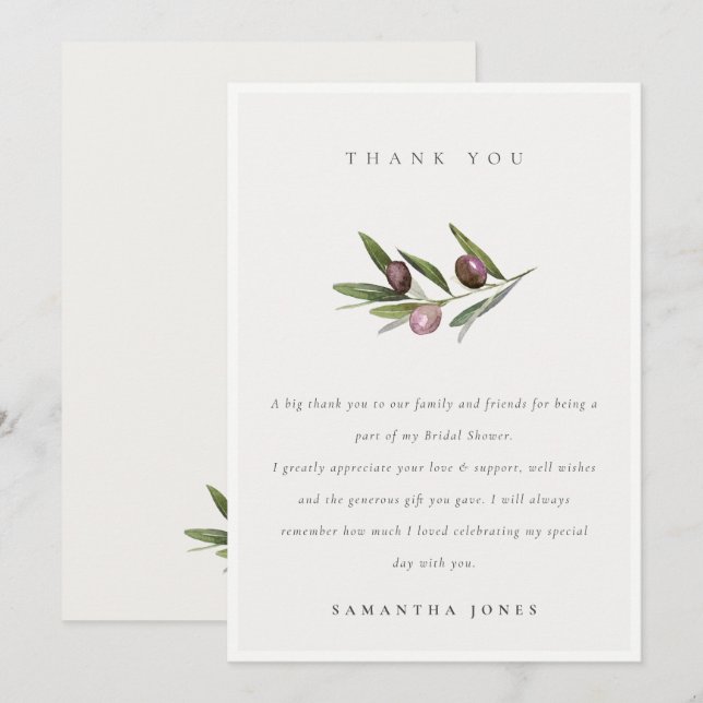 Rustic Minimal Olive Branch Foliage Bridal Shower Thank You Card (Front/Back)