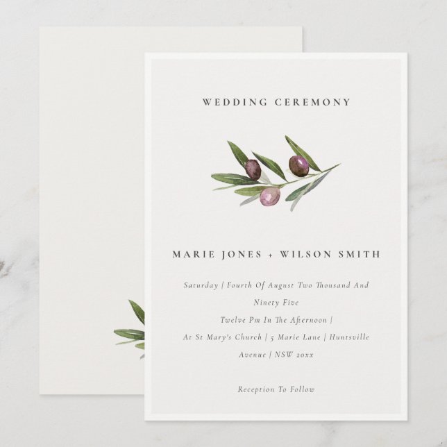 Rustic Minimal Olive Branch Foliage Wedding Invite (Front/Back)