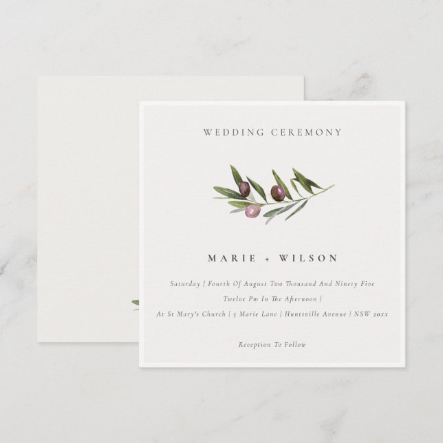 Rustic Minimal Olive Branch Foliage Wedding Invite (Front/Back)