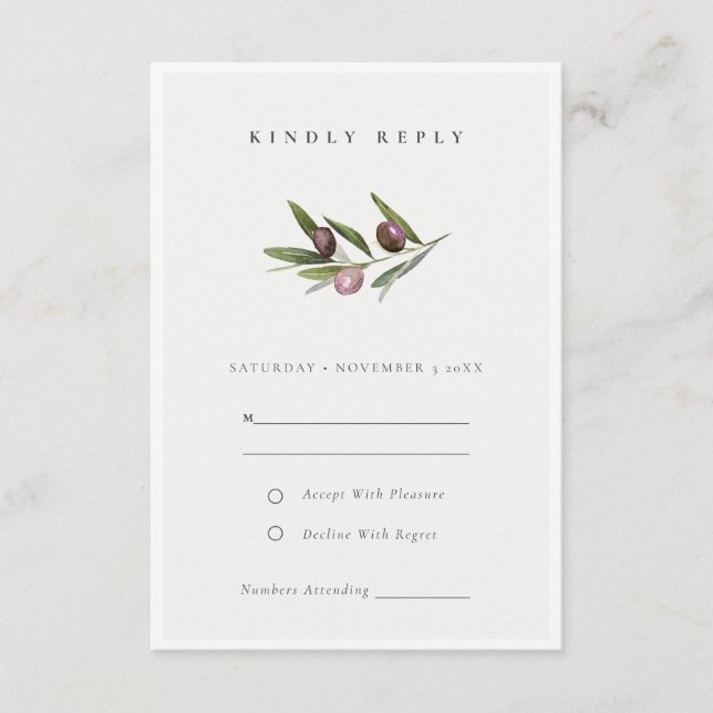 Rustic Minimal Olive Branch Foliage Wedding RSVP Enclosure Card (Front)