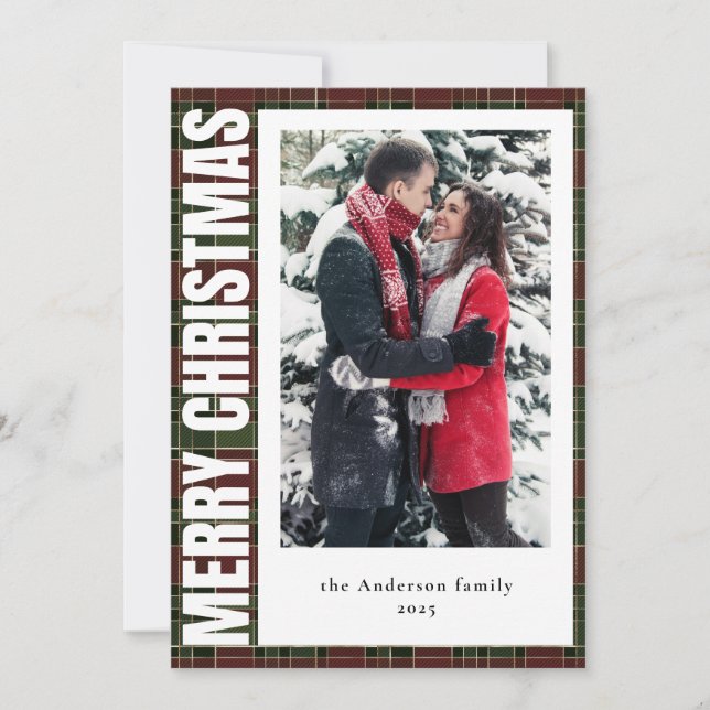 Rustic Minimal Photo Red Plaid Merry Christmas Holiday Card (Front)
