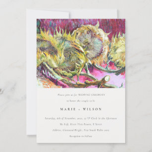 Rustic Minimal Pink Yellow Sunflower Wedding Invitation