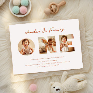 Rustic Minimal Script Photo Collage First Birthday Invitation