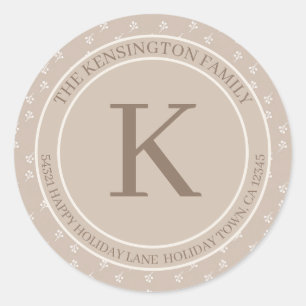 Rustic Minimal Winter Tan Monogram Return Address Classic Round Sticker