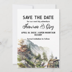 Rustic Minimalist Backpack Mountain Save the Date Invitation