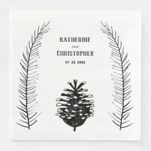 Rustic Minimalist Drawn Pine Cone Spruce Branches Napkin