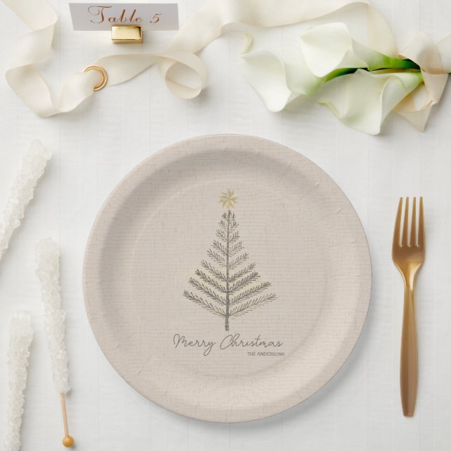 Rustic Minimalist Hand Drawn Tree Christmas  Paper Plate (Wedding)