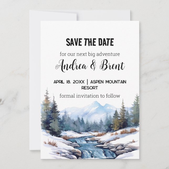 Rustic Minimalist Mountain Lake Snow Save the Date Invitation (Front)