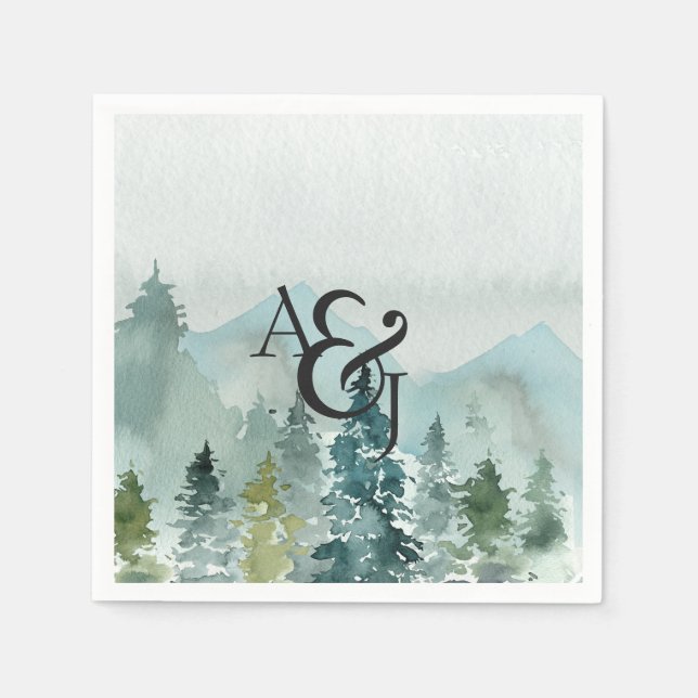Rustic Minimalist Watercolor Pines Personalized Napkin (Front)