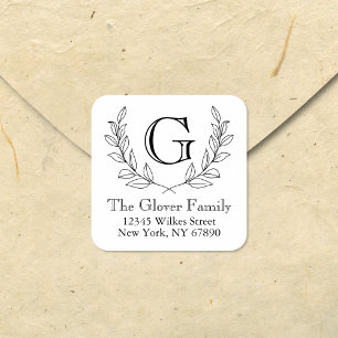 Rustic Minimalist Wreath Family Monogram Address Square Sticker