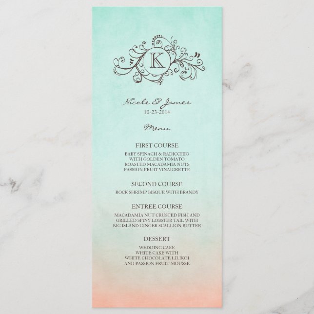 Rustic Mint and Peach Bohemian Wedding Menu (Front)