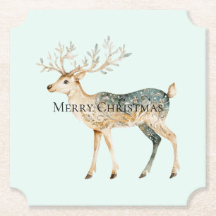 Rustic Mint Green Gold Cream Christmas Deer Paper Coaster