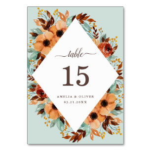 Rustic Mint Green Watercolor Botanical Wedding Table Number