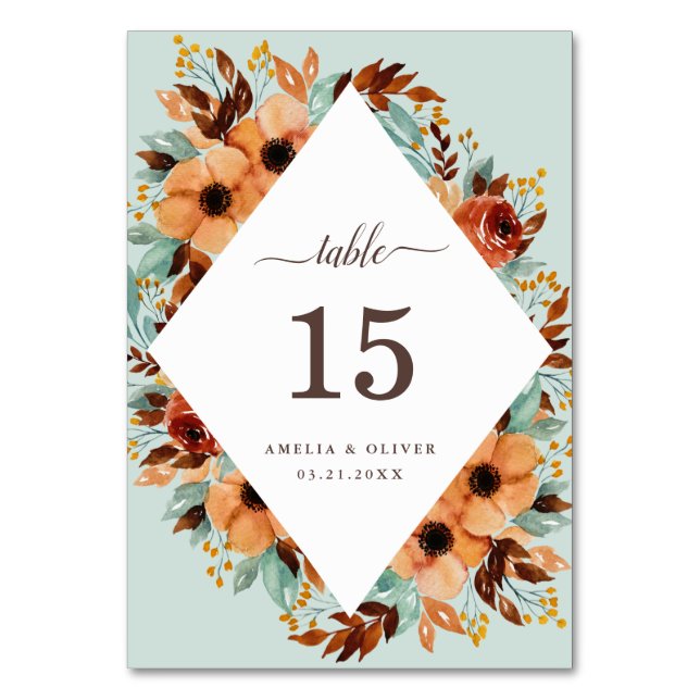 Rustic Mint Green Watercolor Botanical Wedding Table Number (Front)