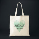 Rustic mint heart bridesmaid tote bags for wedding<br><div class="desc">Personalized bridesmaid tote bag with vintage mint green watercolor heart. Romantic love symbol water colour painting design with elegant script calligraphy typography. Cute gift idea for stylish bride to be and bride's entourage. Personalize this pretty template for brides crew / team. Create your own for trendy brides maids, maid of...</div>