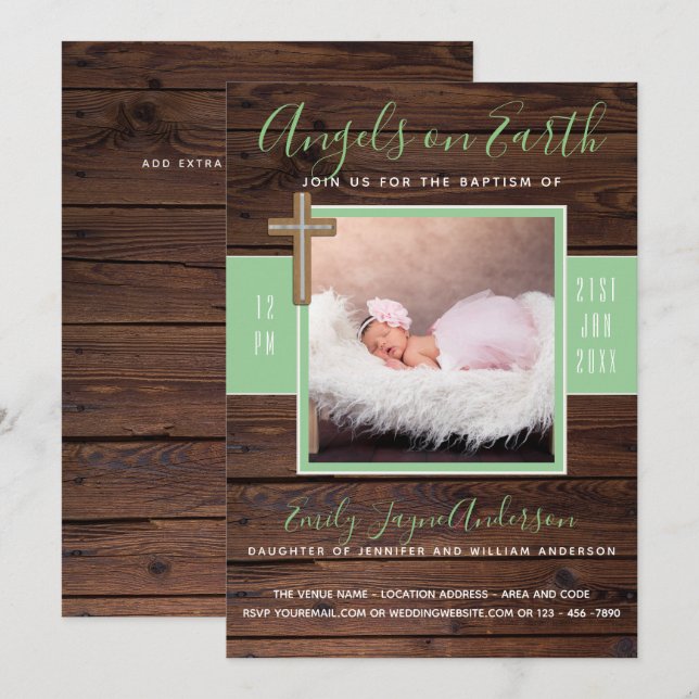 Rustic Mint | PHOTO BAPTISM Invite Elegant Wood (Front/Back)