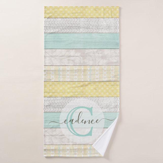 Rustic Mint & Yellow Boho Geo Modern Personalized (Serviette de bain)